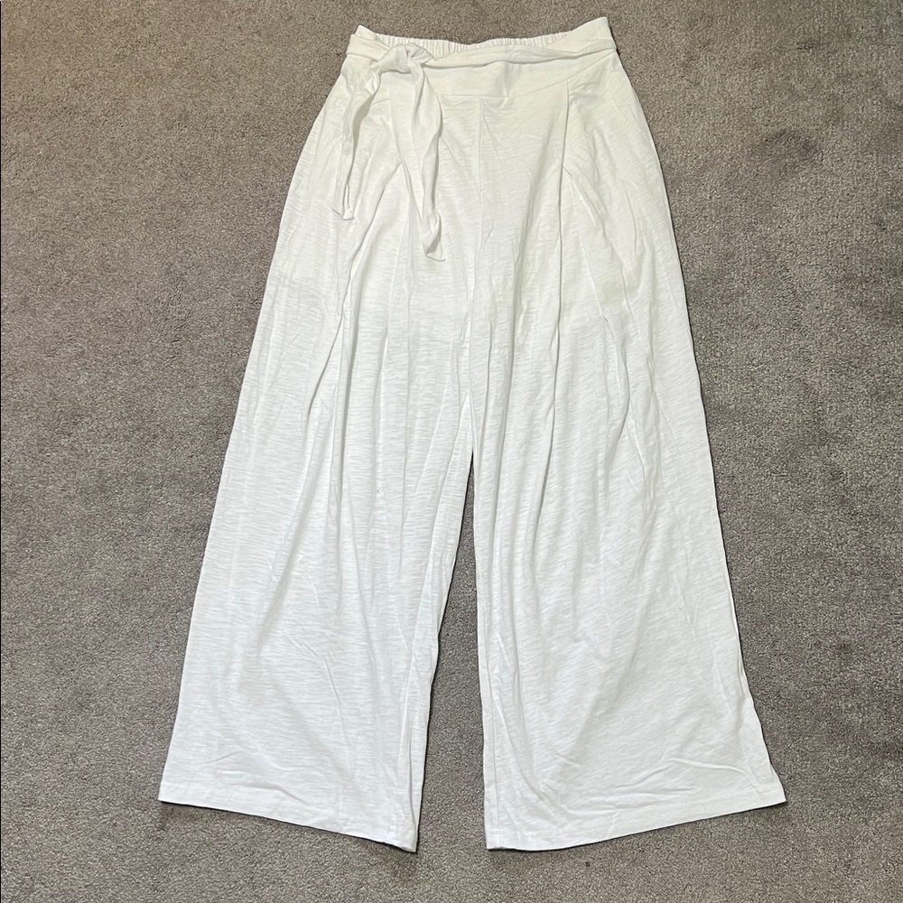Pink Lily 100% Cotton White Wide Leg Belted High Waisted Pants size medium